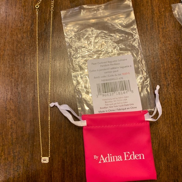 Pave Outlined Baguette Solitaire Pendant Necklace Made From Brass 14K Gold Plt - Picture 4 of 4